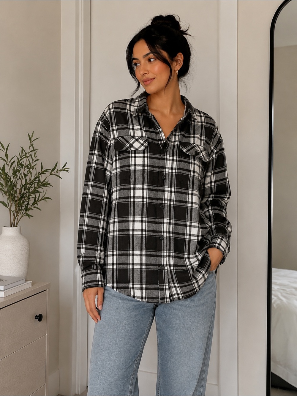 Women's Black & White Plaid Button-Down Shirt